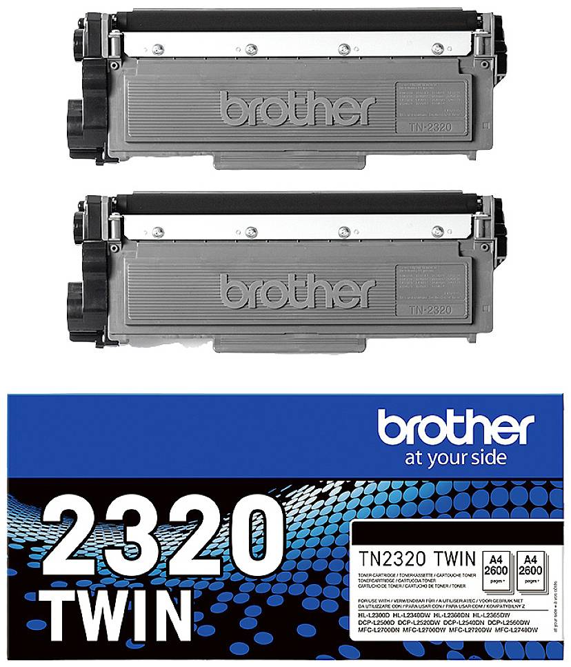 Deux cartouches de toner Brother TN-2320 sur un emballage avec des graphiques bleus et les lettres '2320 TWIN'. Convient pour A4, 2600 pages.
