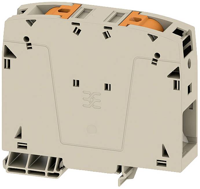 Bloc de connexion en plastique beige avec des parties oranges pour connexions électriques. Adapté pour une utilisation sur un rail DIN.