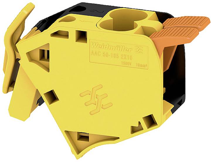 Connecteur électrique jaune et noir de Weidmüller avec des leviers orange, utilisé pour raccorder des câbles en toute sécurité.