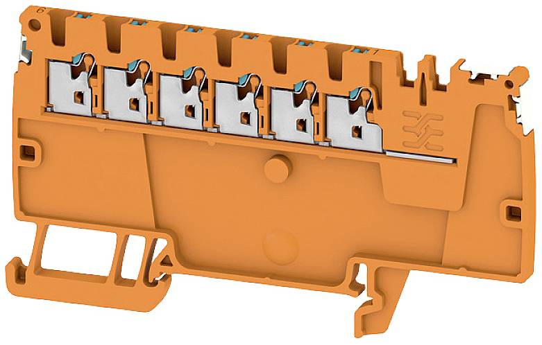 'Bornes de connexion oranges, module en plastique avec plusieurs inserts métalliques, pour un raccordement sûr des lignes électriques.'