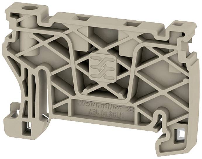 Un composant en plastique gris avec un motif quadrillé et l'inscription 'Weidmüller AEB 35 SCLI' sur la face avant, probablement un composant électrique.