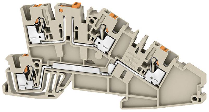 Une barrette de connexion à trois étages de couleur beige pour connexions électriques, dotée de contacts métalliques et de leviers oranges.