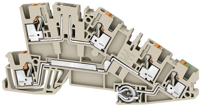 Illustration d'un module de bornes en rangée multicouches avec plusieurs points de connexion dans un boîtier gris et des éléments de commande orange.