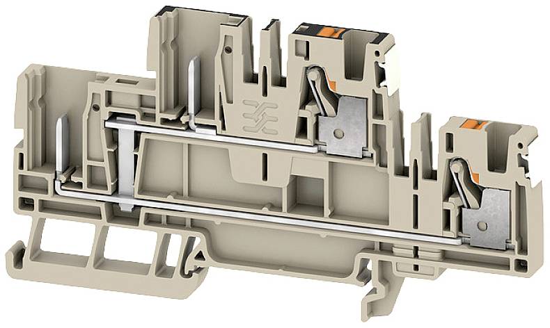 Un serre-câble électrique gris avec connexion métallique visible, présenté en coupe transversale pour le montage dans un coffret électrique.