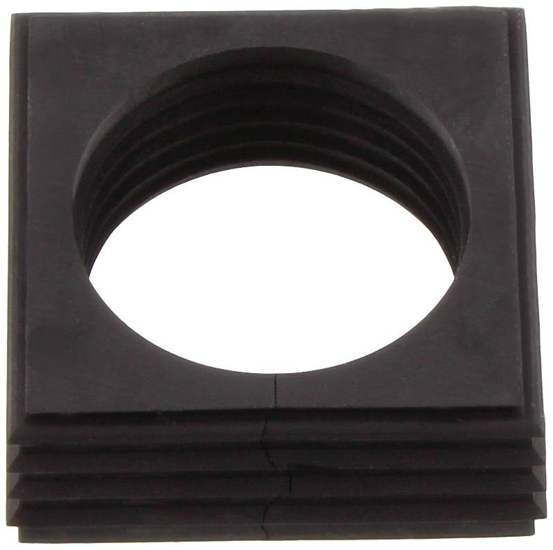 Boîte carrée noire en plastique avec un filetage cylindrique intérieur au centre, adaptée aux applications techniques.