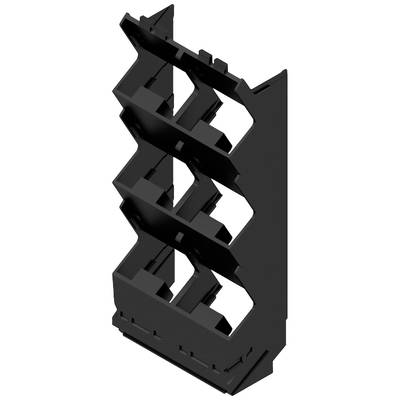 Support en plastique noir, vertical, avec trois compartiments disposés verticalement, ouvert sur les côtés.