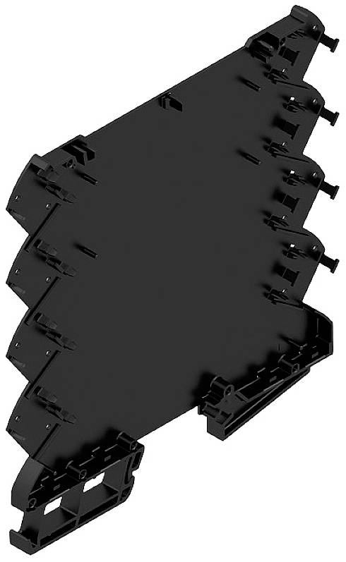 Pièce noire de forme triangulaire avec plusieurs points de fixation sur le côté, probablement un composant mécanique ou électrique.