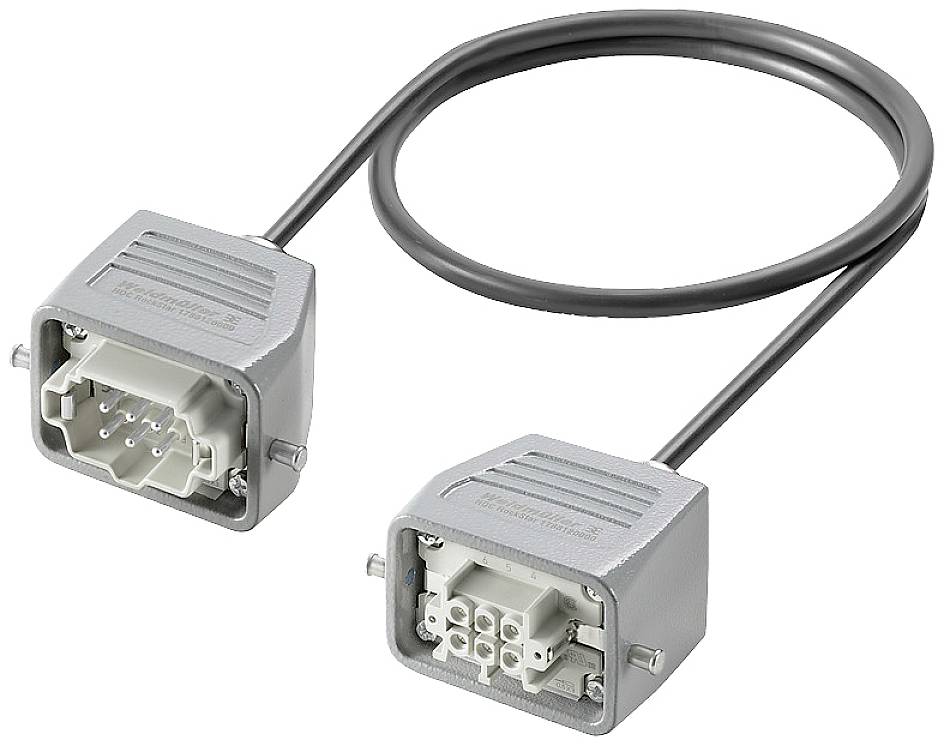 Câble de connexion industriel à revêtement gris avec connecteurs rectangulaires aux deux extrémités, adapté aux applications robustes.