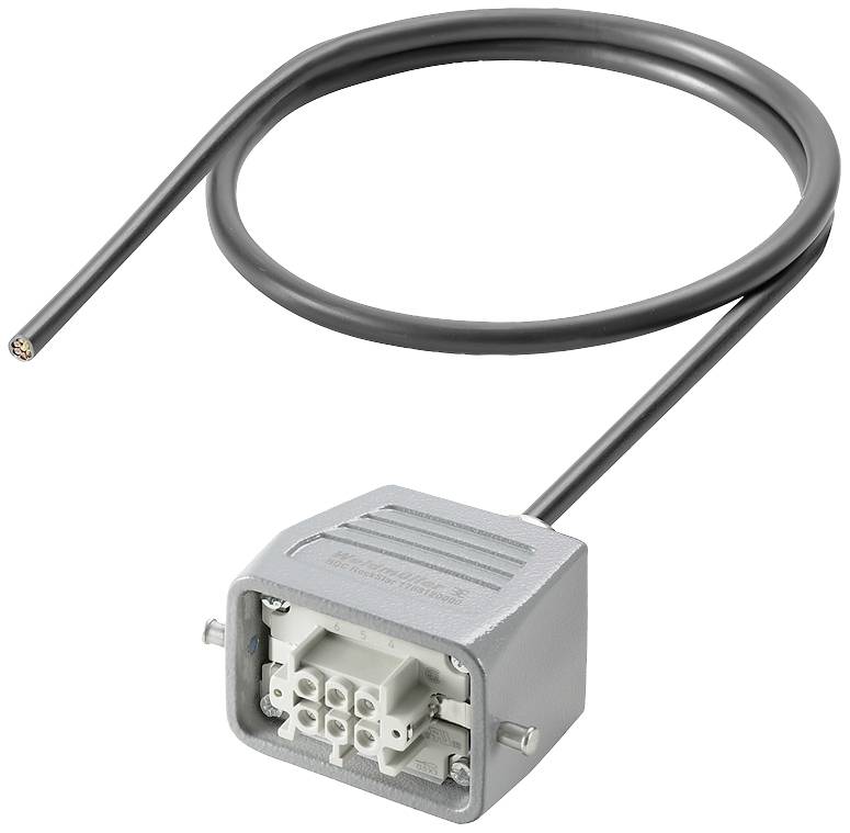 Connecteur métallique avec un long câble noir. Adapté pour les connexions électriques.