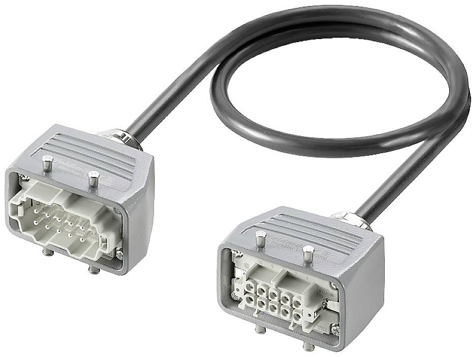 Un câble gris avec deux connecteurs à ses extrémités, chacun contenant plusieurs broches, adapté aux applications industrielles.