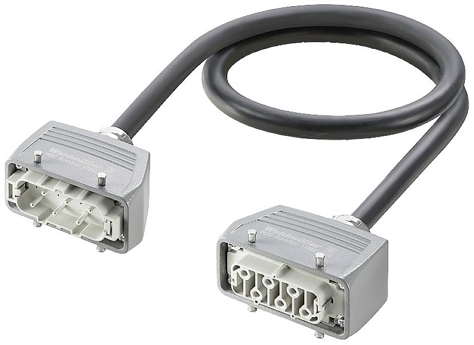 Câble électrique industriel gris montrant deux fiches métalliques identiques à plusieurs broches à chaque extrémité.