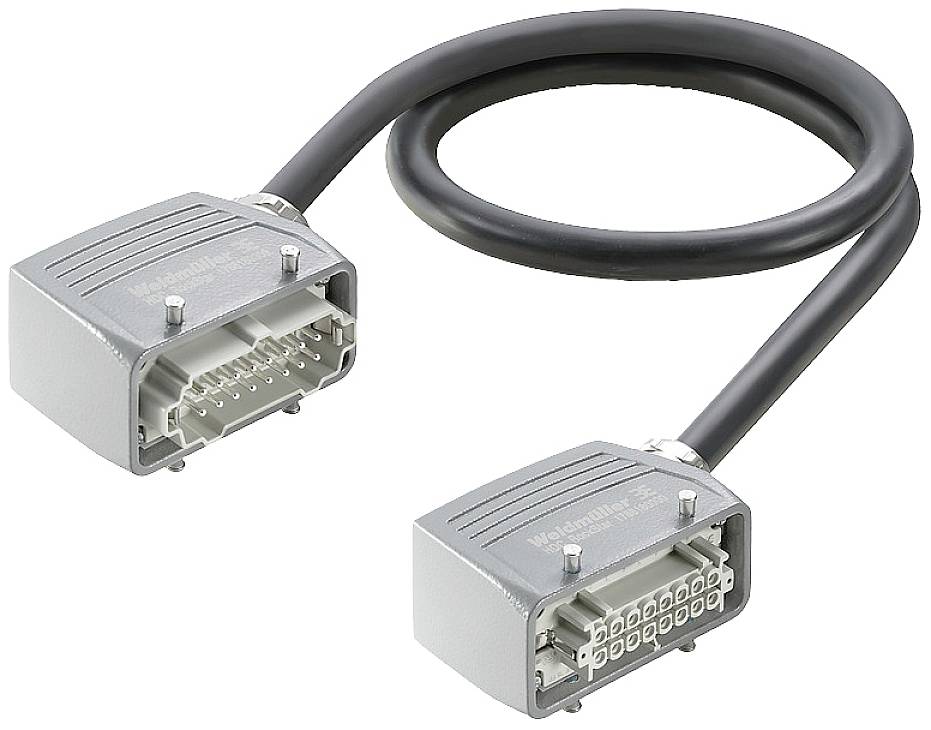 Un câble noir avec des connecteurs gris à chaque extrémité, étiqueté 'Weidmüller', illustre une solution de connexion industrielle.
