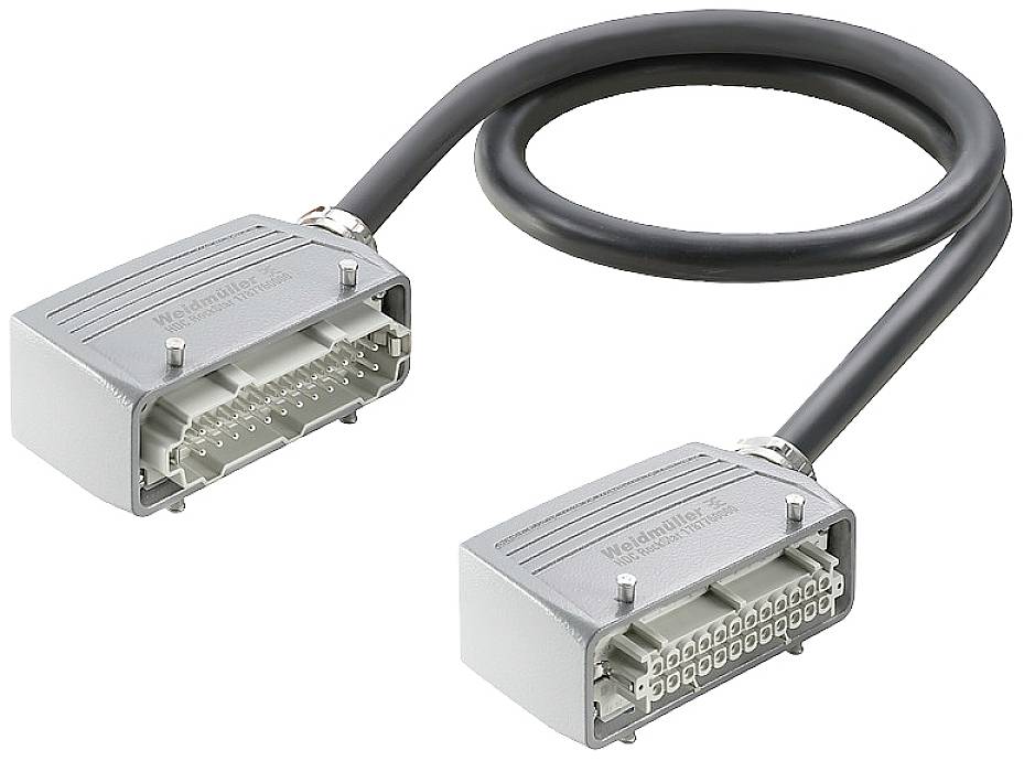 Câble électrique gris avec deux connecteurs rectangulaires. Adapté aux applications industrielles, présentant un design robuste.