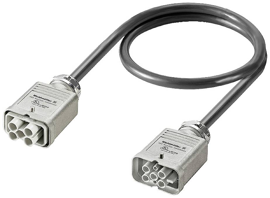 Un câble électrique noir avec deux connecteurs rectangulaires gris à ses extrémités, adapté aux applications industrielles.