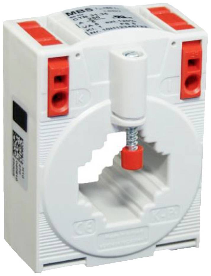 Un transformateur de courant blanc avec un mécanisme intérieur rouge et des bornes de connexion. Utilisé pour mesurer le courant dans les systèmes électriques.