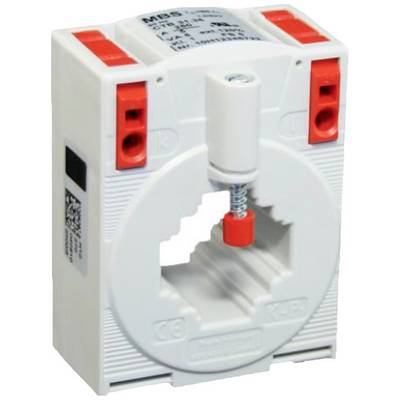 Un transformateur de courant blanc avec un mécanisme intérieur rouge et des bornes de connexion. Utilisé pour mesurer le courant dans les systèmes électriques.