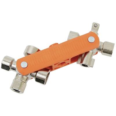 Une clé carrée orange avec quatre embouts métalliques, utilisée pour les systèmes de chauffage et les travaux de maintenance technique.