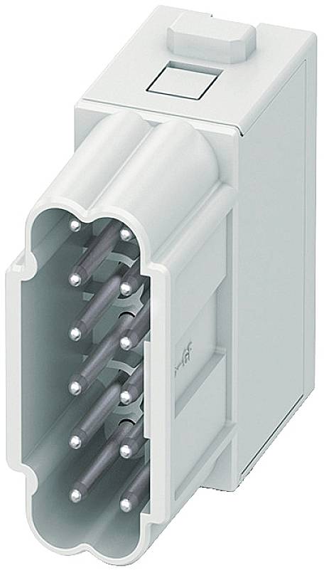 Un connecteur électrique rectangulaire blanc avec plusieurs broches métalliques, un interrupteur latéral et un bouton-poussoir rectangulaire sur le dessus.