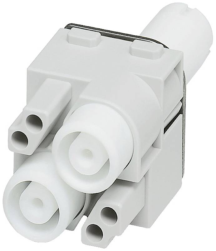 Un connecteur électrique gris multipolaire avec plusieurs ouvertures rondes.