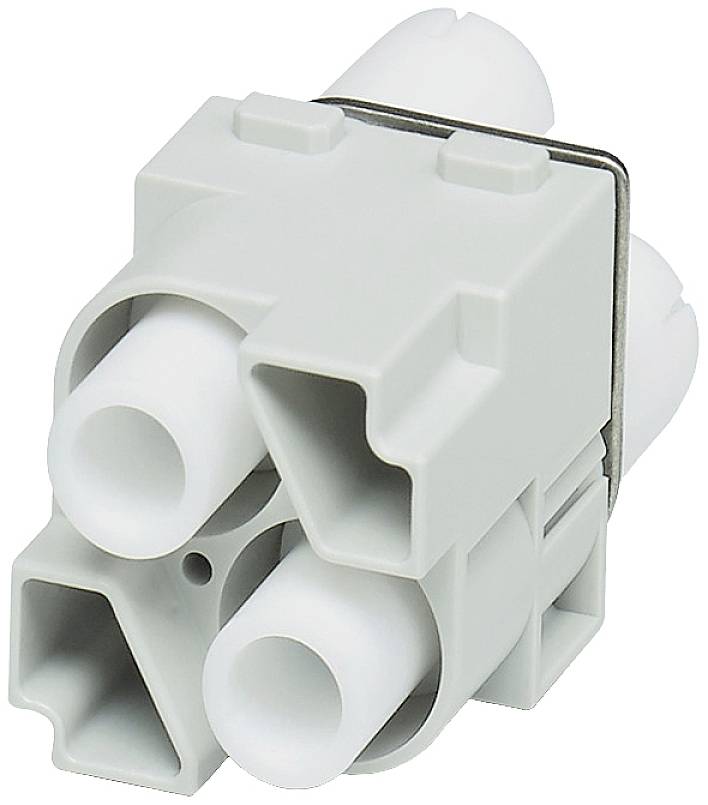 Un connecteur carré en plastique gris avec trois raccords de tubes blancs, probablement destiné à des connexions électriques.