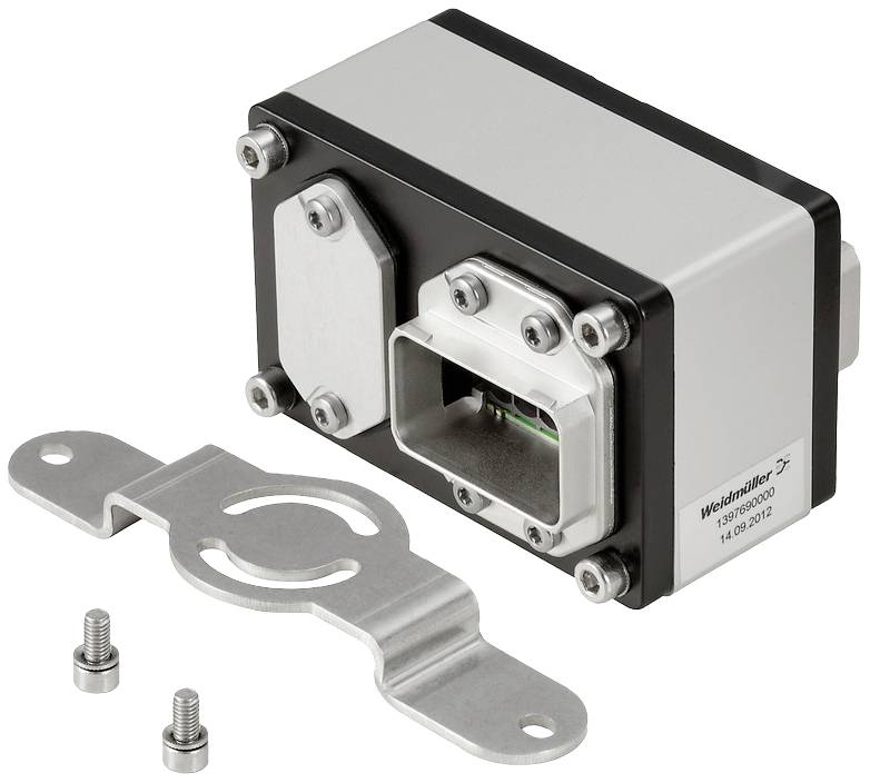 'Connecteur Weidmüller avec boîtier métallique et deux vis. Convient pour des applications industrielles et techniques.'