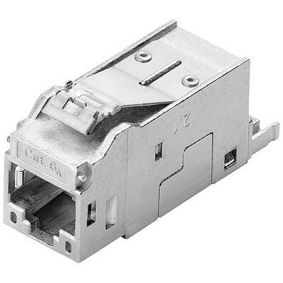 Une fiche réseau RJ45 en argent de catégorie 6a avec un blindage métallique spécial pour réduire les interférences électromagnétiques.
