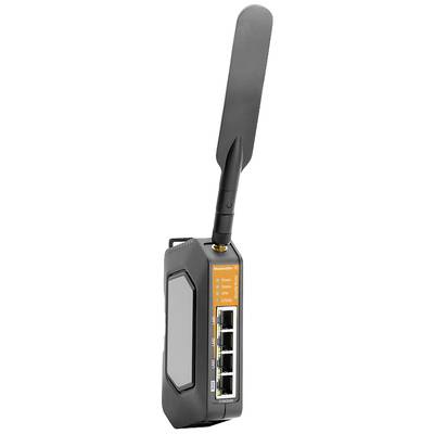Un routeur Wi-Fi mobile noir avec une étiquette orange et une antenne, montrant quatre ports Ethernet et plusieurs voyants de statut.