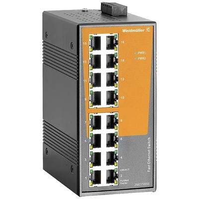 Un commutateur Weidmüller Fast Ethernet industriel avec 16 ports RJ45, deux indicateurs d'alimentation et un boîtier robuste.