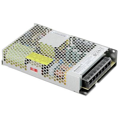 Bloc d'alimentation métallique avec fentes de ventilation, avertissement jaune et plusieurs bornes de connexion sur un côté.