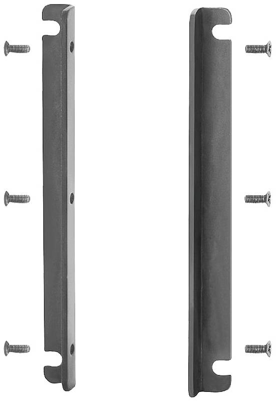 Deux supports métalliques noirs, chacun fixé par trois vis, disposés verticalement côte à côte sur un fond blanc.