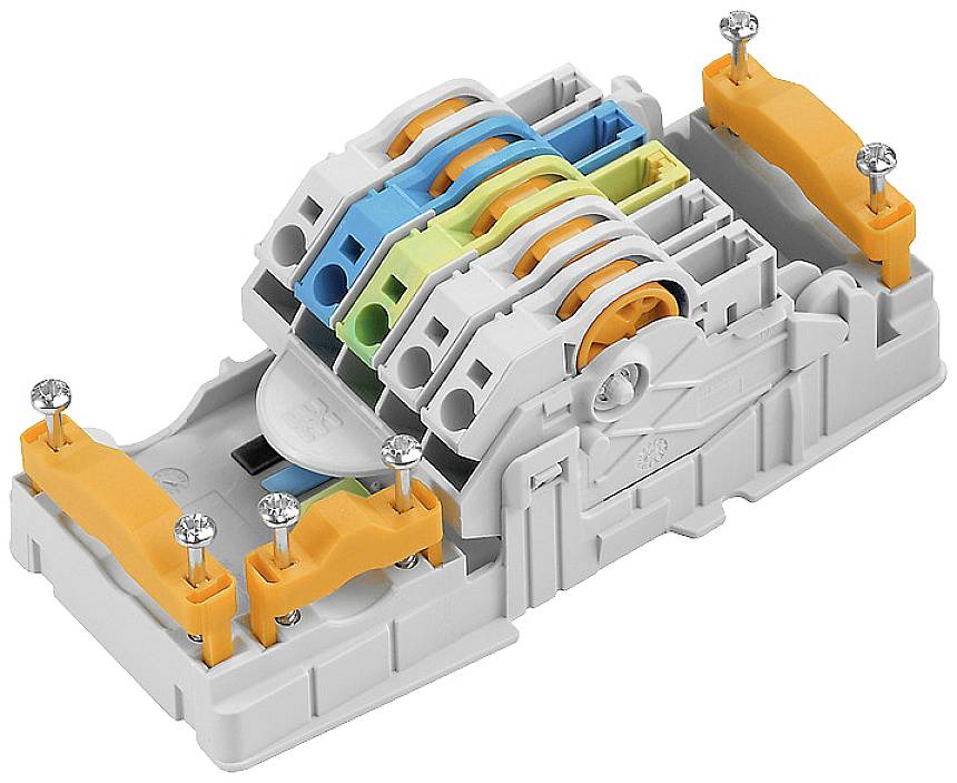 Un connecteur électrique gris avec un mécanisme de verrouillage à vis et plusieurs bornes de connexion de différentes couleurs.
