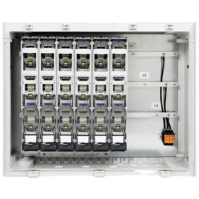 Boîte de fusibles électrique avec plusieurs fusibles disposés en deux rangées verticales. Les étiquettes 'L1', 'L2', 'L3' indiquent les trois phases.