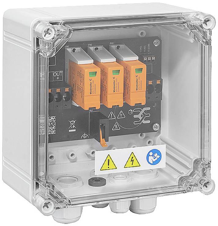 Un boîtier de fusibles blanc et transparent contenant trois fusibles orange. Symboles d'avertissement de choc électrique et de précaution.