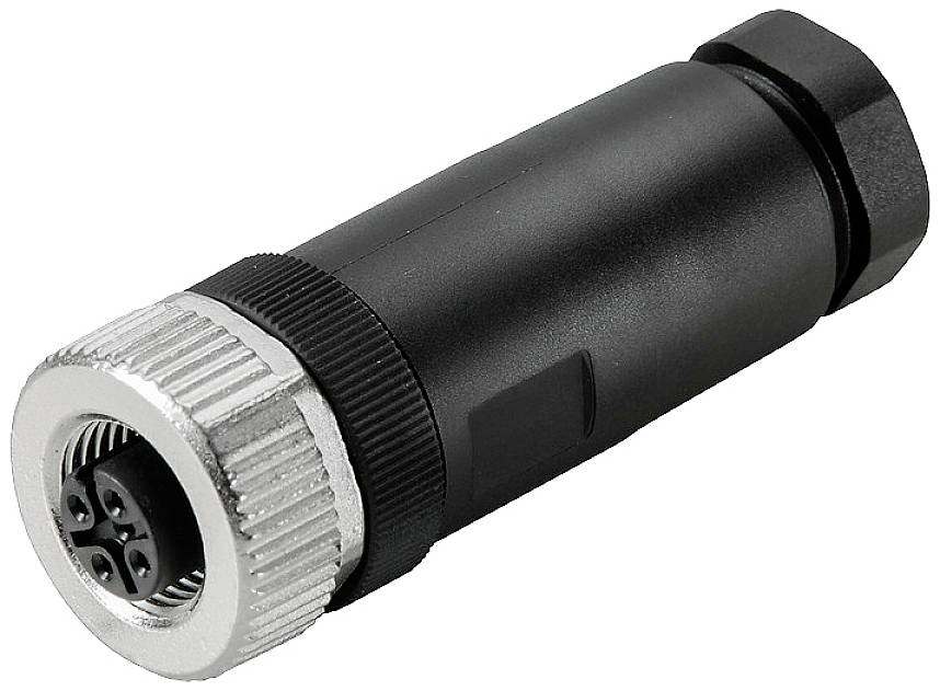 Connecteur noir, cylindrique, avec filetage métallique et plusieurs broches de connexion, utilisé pour les connexions électriques.