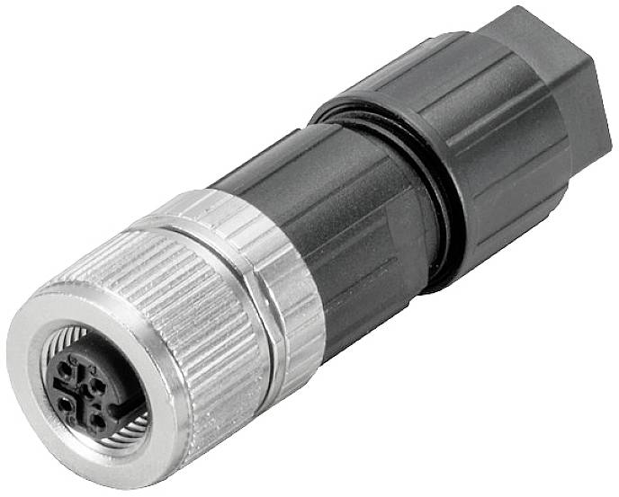 Connecteur noir et argenté de forme ronde, adapté pour les connexions électroniques.