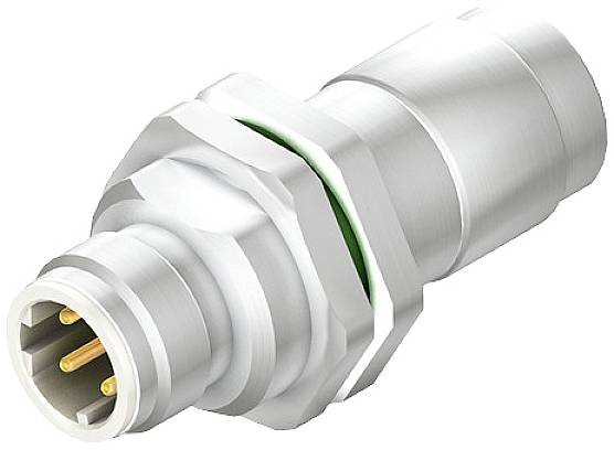 Un connecteur cylindrique argenté avec un filetage métallique et plusieurs broches dorées à une extrémité. Adapté aux applications industrielles.