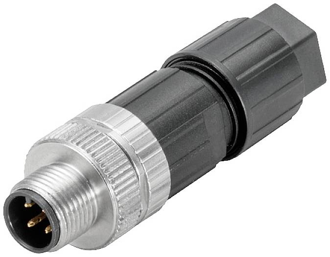 Connecteur M12 avec boîtier en plastique noir et filetage métallique argenté. Connexion électronique à broches multiples.
