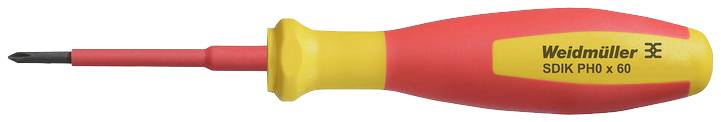 Un tournevis rouge et jaune portant l'inscription 'Weidmüller SDIK PH0 x 60'.