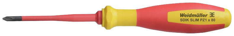Un tournevis isolé à poignée rouge et tige jaune, portant l'inscription « Weidmüller SDIK SLIM PZ1 x 80 ».