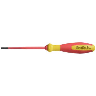 Un tournevis avec une poignée rouge et un embout jaune, identifié par 'Weidmüller SDIS Slim 0.8x4.0x100'.