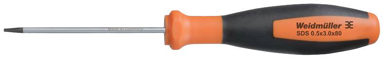 Tournevis à manche orange portant l'inscription noire 'Weidmüller SDS 0,5x3,0x80'.