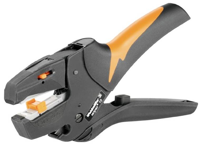 Un outil dénude-fils noir et orange avec des réglages ajustables, conçu pour le retrait précis de l'isolation des fils électriques.