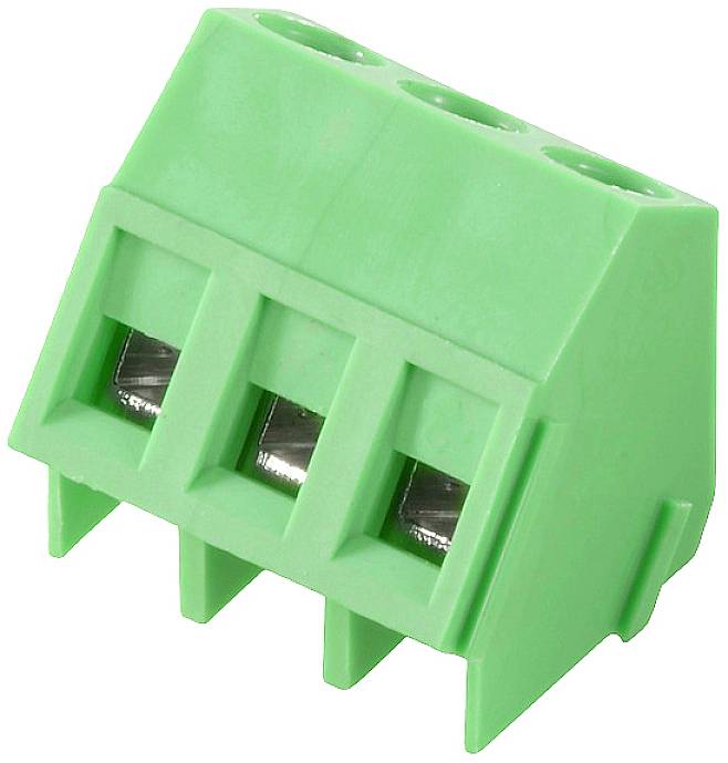 Connecteur vert à trois bornes, utilisé dans les circuits électroniques pour raccorder des fils conducteurs.