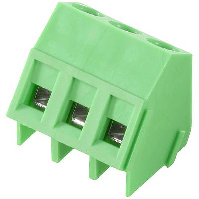 Connecteur vert à trois bornes, utilisé dans les circuits électroniques pour raccorder des fils conducteurs.