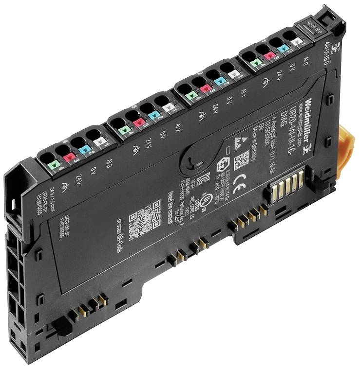 Un module d'E/S numérique de la marque Weidmüller, noir avec des connexions marquées en couleur, affiche divers symboles techniques et spécifications.