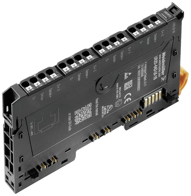 Un module de mise à la terre Weidmüller noir avec des bornes de connexion et des éléments oranges. Destiné à assurer une mise à la terre sécurisée dans les circuits électriques.