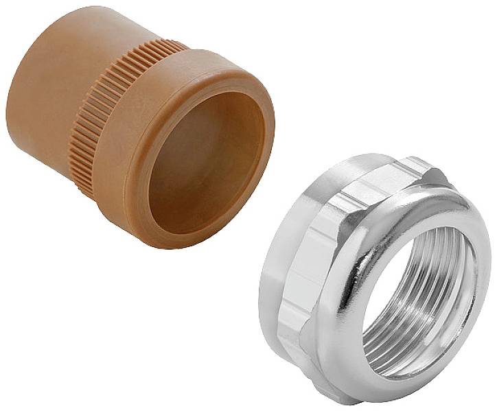 Un raccord en plastique marron et un raccordement à vis en métal argenté.