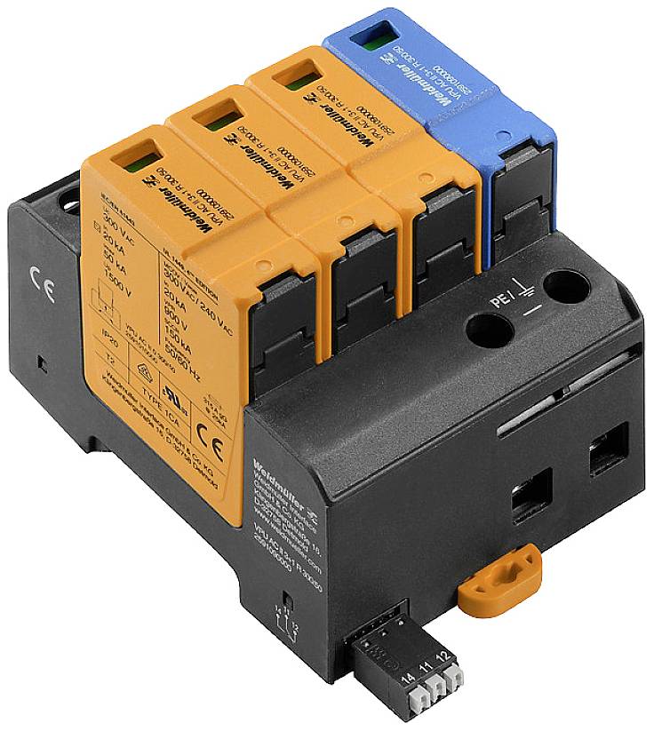 Un dispositif de protection contre les surtensions avec quatre modules de différentes couleurs, chacun portant des étiquettes. Idéal pour la protection des circuits électriques.