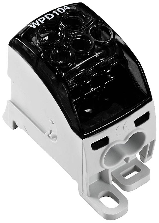 Bloc de bornes à six connexions, numéro de modèle 'WPD104', pour câblage électrique, boîtier en noir et blanc.