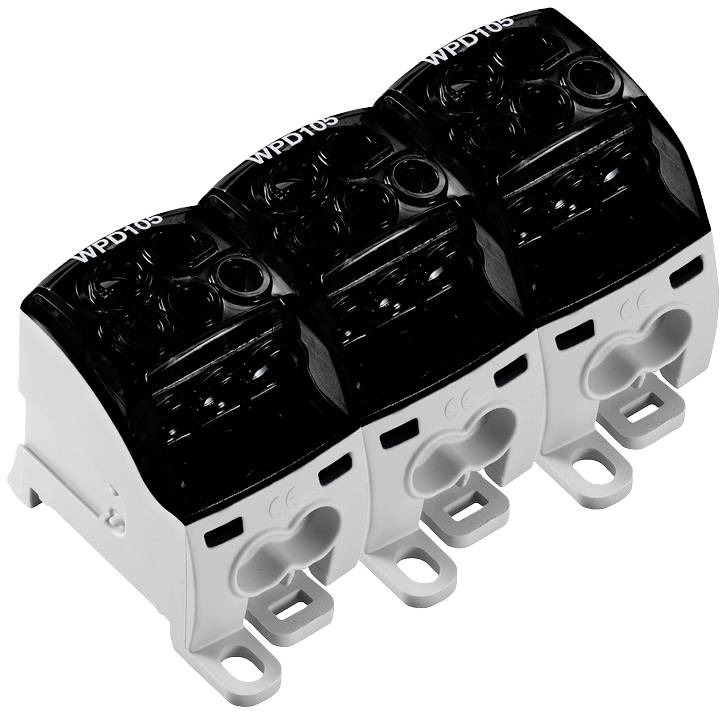 Connecteur triple avec boîtier en plastique transparent. Adapté pour les installations électriques, montage mural possible.
